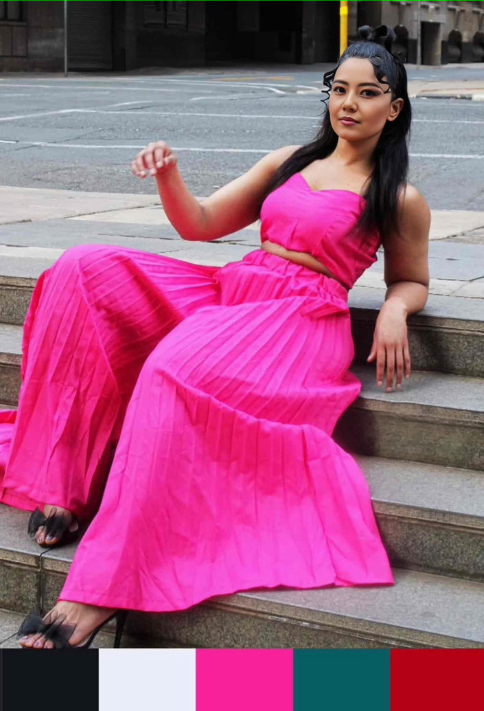 Hot-pink square-neck sleeveless top and pleated midi skirt set