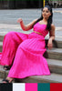 Hot-pink square-neck sleeveless top and pleated midi skirt set