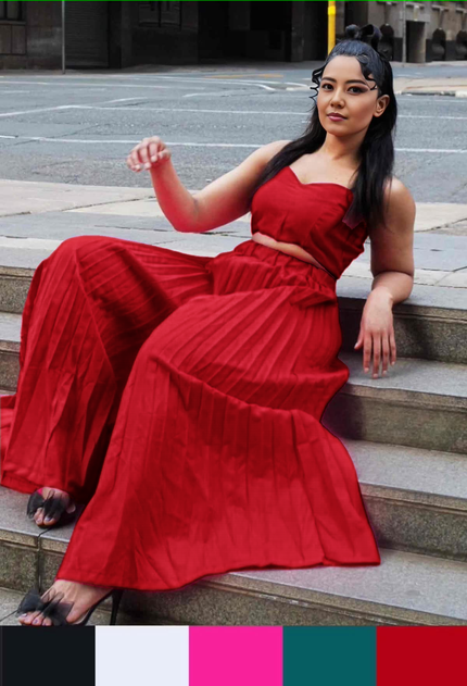 Red square-neck sleeveless top and pleated midi skirt set