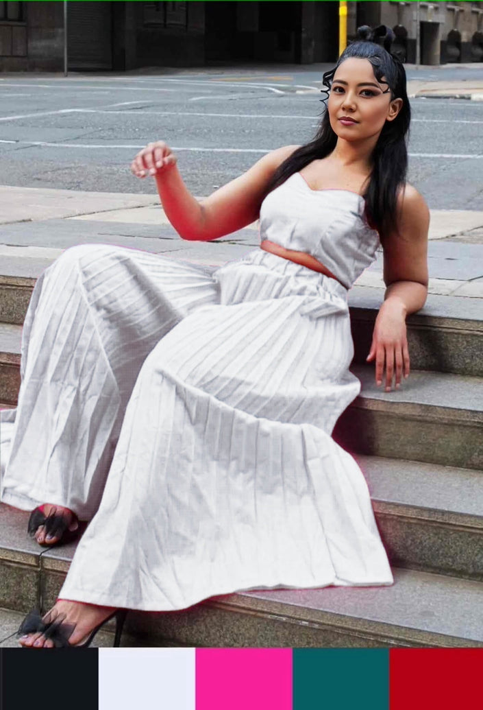White square-neck sleeveless top and pleated midi skirt set