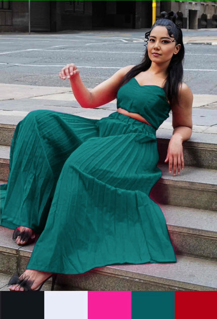 Dark-cyan square-neck sleeveless top and pleated midi skirt set