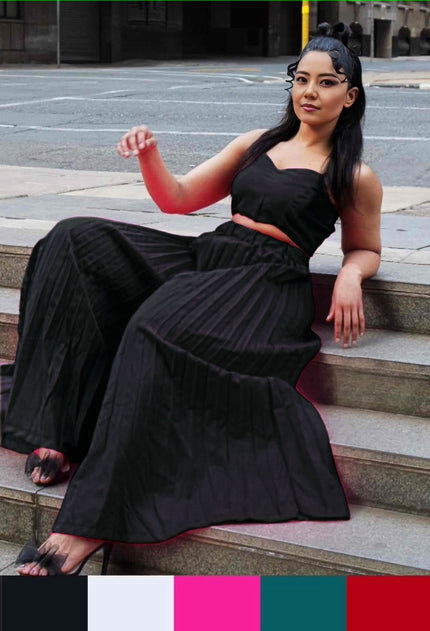 Black square-neck sleeveless top and pleated midi skirt set