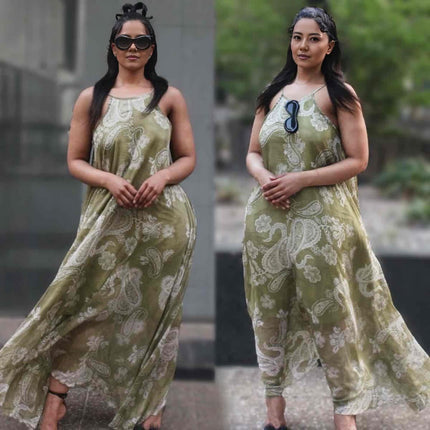 Olive green paisley print sleeveless maxi dress with scoop neckline and navy tie