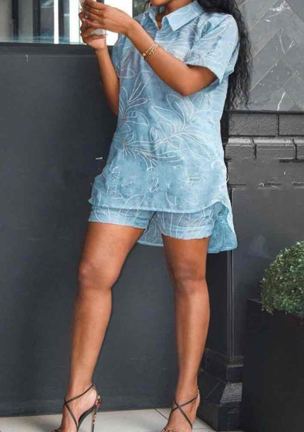 Sky-blue printed floral twin set: short-sleeve shirt and matching shorts