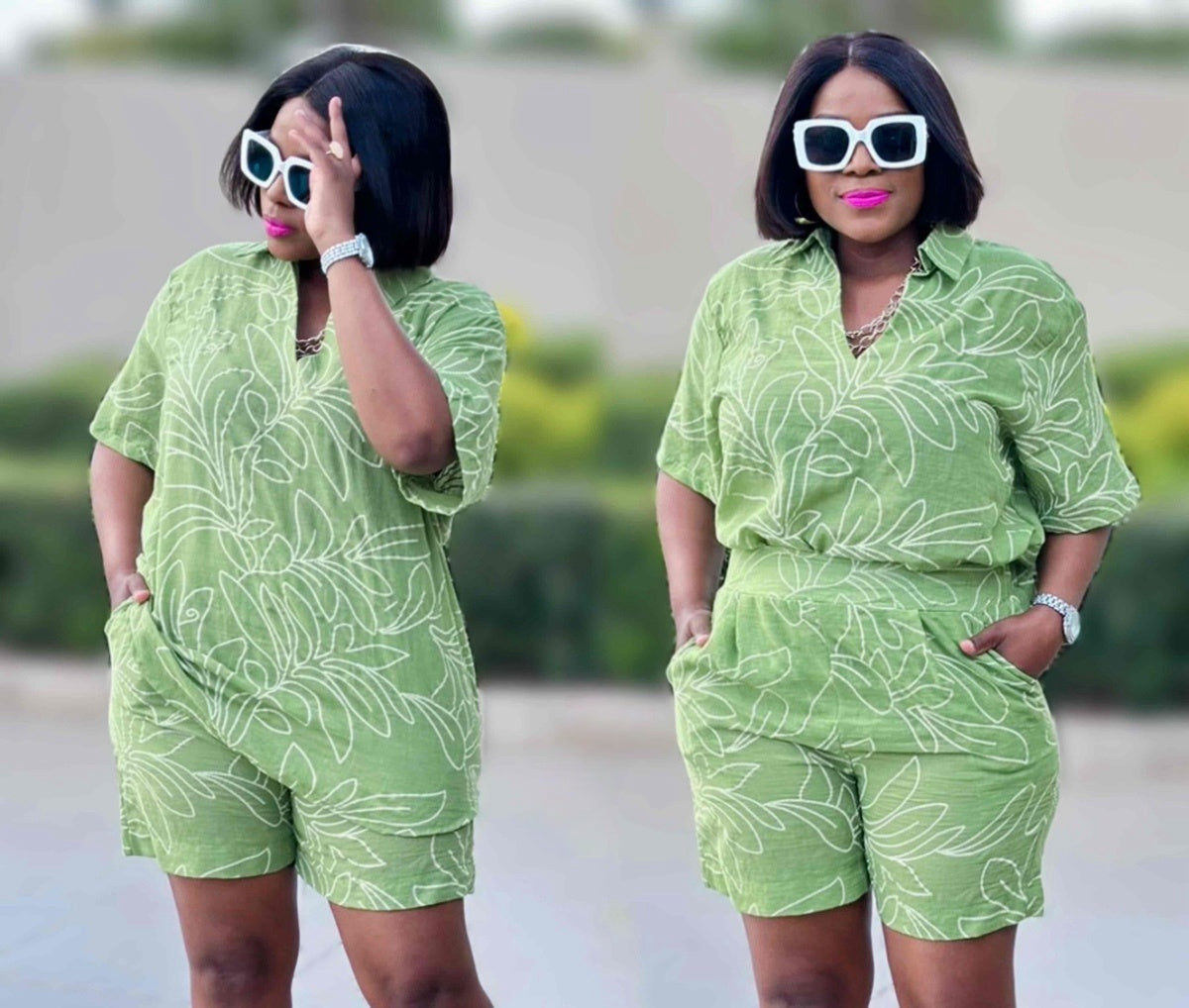 Light-green printed floral co-ord: short-sleeve shirt and matching shorts