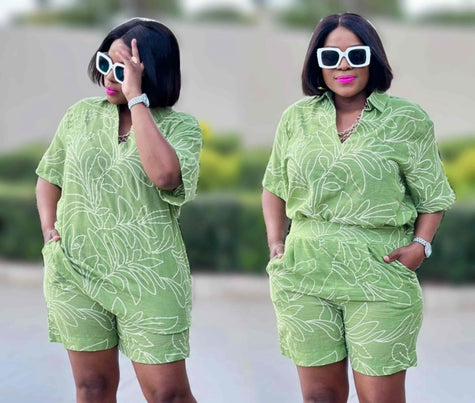 Light-green printed floral co-ord: short-sleeve shirt and matching shorts