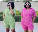 Pink printed floral twin set: short-sleeve shirt and matching shorts