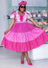 Traditional Puff-Sleeve Dress with Circular Patterns and Lace Trim