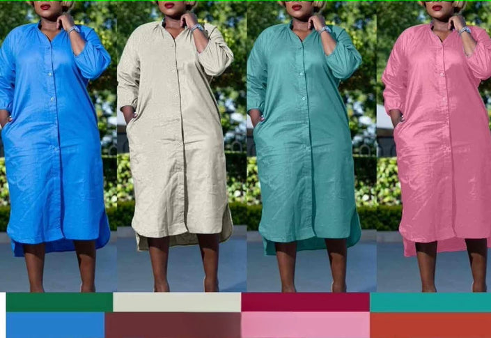 Blue midi shirt dress with collar, long sleeves, and button front