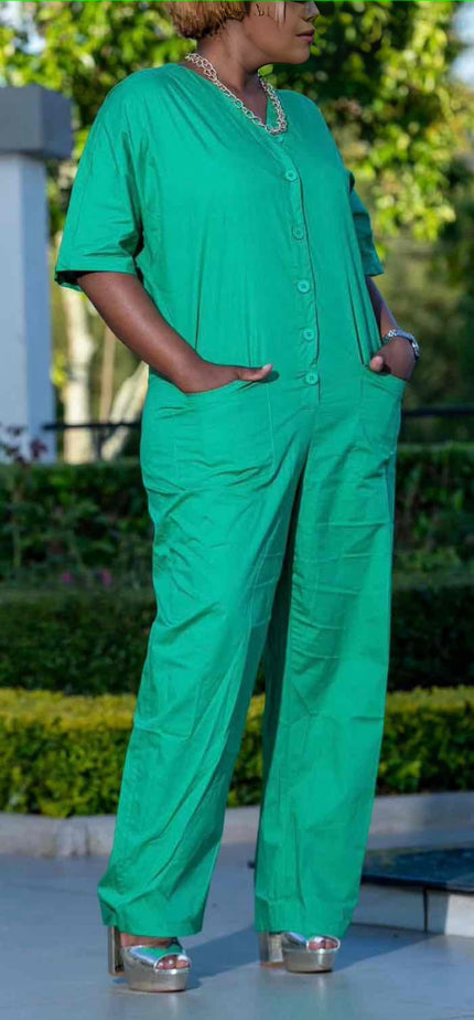 Turquoise V-neck button-front loose-fit jumpsuit with short sleeves and pockets