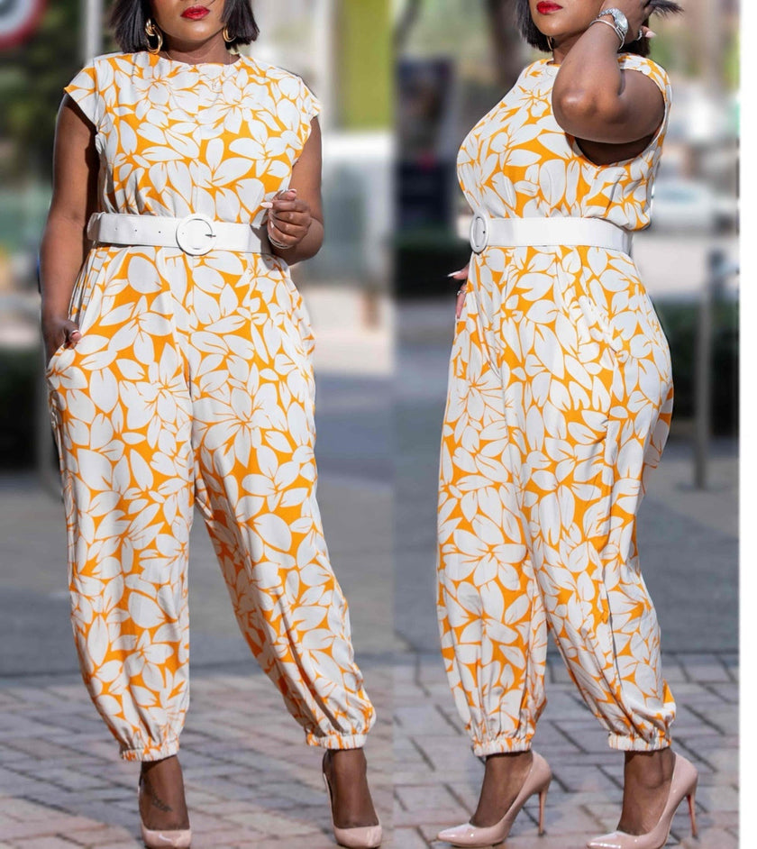 Floral Pattern Short Sleeve Jumpsuit with Belted Waist and Tapered Leg Design