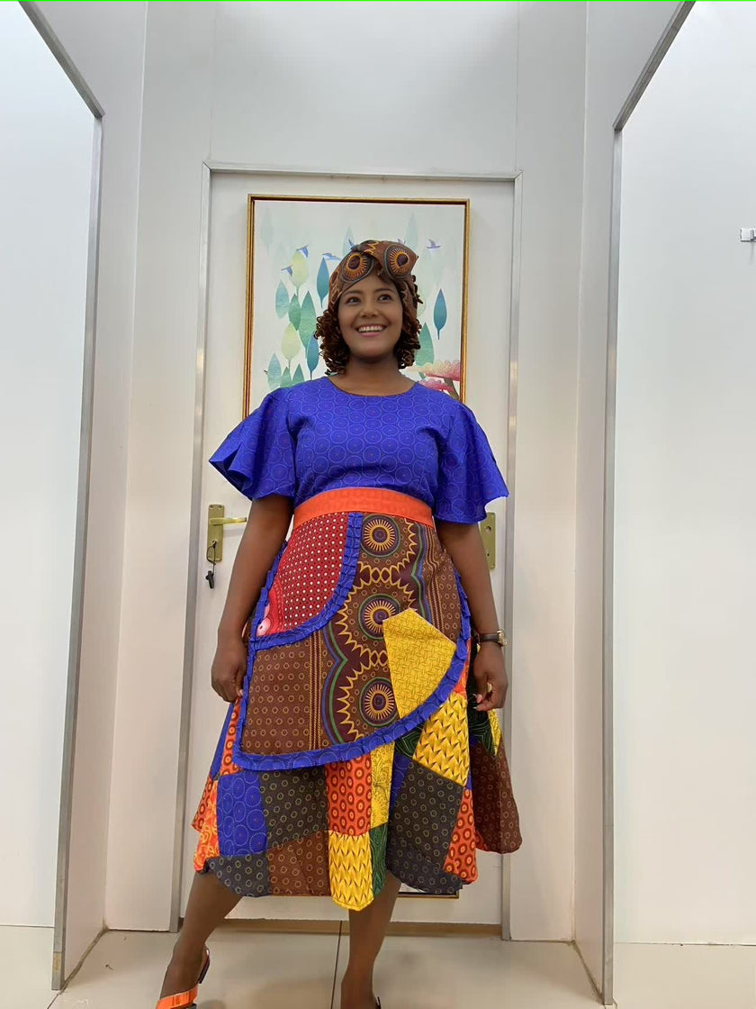 African Style Patchwork Pattern Dress with Unique Sleeve Design