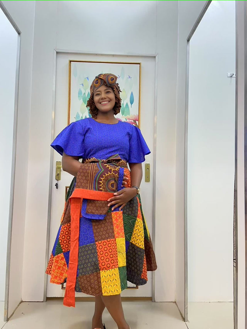 African Style Patchwork Pattern Dress with Unique Sleeve Design