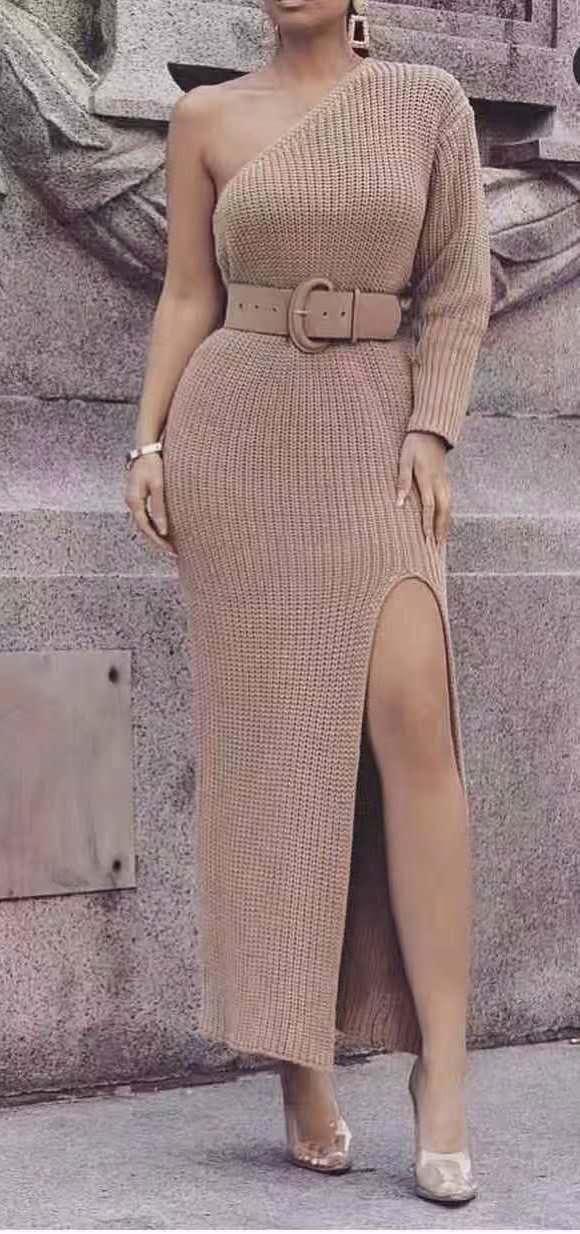Khaki knit one-shoulder maxi dress with wide belt and high front slit