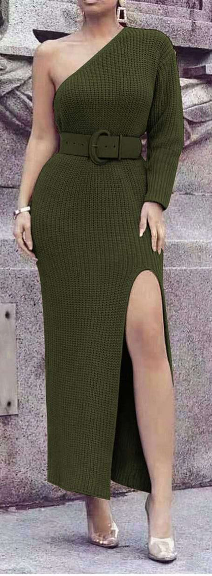 Dark green knit one-shoulder maxi dress with wide belt and high front slit