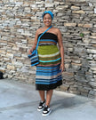 5-piece striped skirt set with blue, black, and multicolor bands; matching headwrap