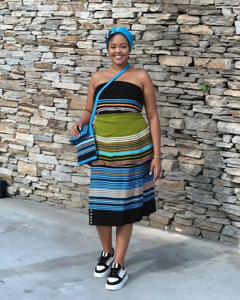 5-piece striped skirt set with blue, black, and multicolor bands; matching headwrap