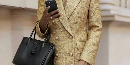 Gold textured double-breasted blazer with notched lapels and gold button detail