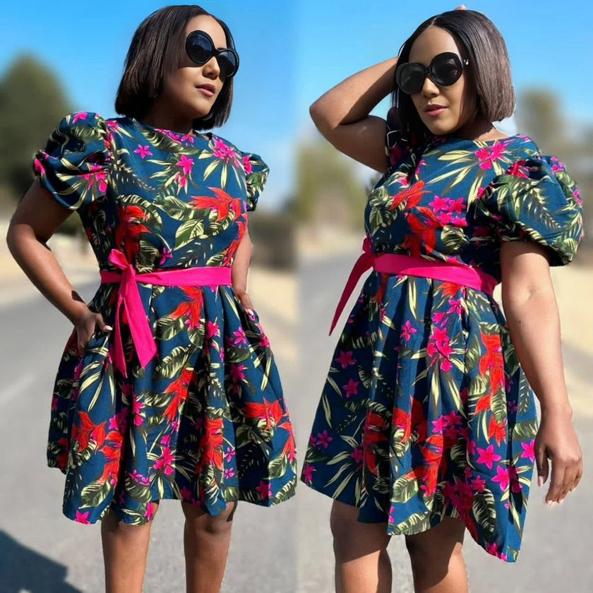 Floral Puff Sleeve Mini Dress  Belted Fit