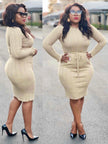 Cream ribbed knit midi dress, long sleeves, crew neck, drawstring waist