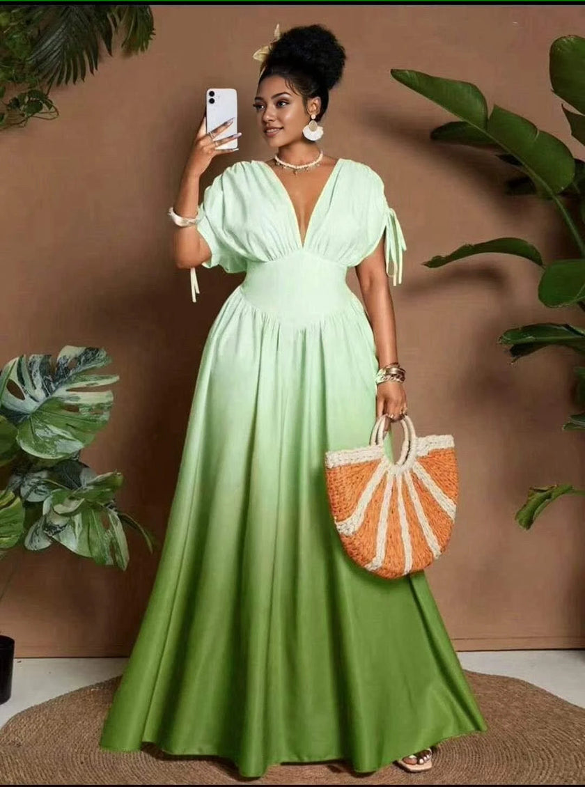 Gradient Maxi Dress  Deep V Tie Sleeve