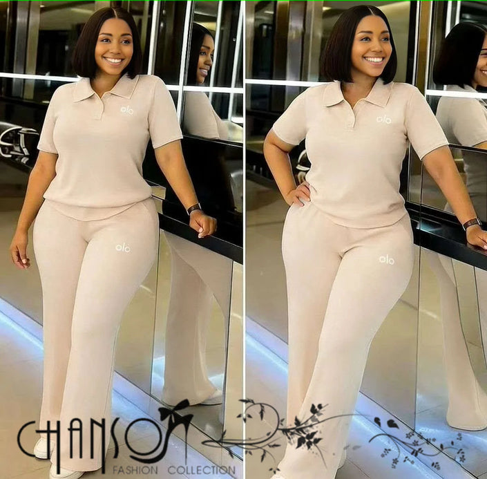 Beige knit polo twin set with fitted short-sleeve top and flare pants