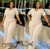 Beige knit polo twin set: short-sleeve polo top with flared pants