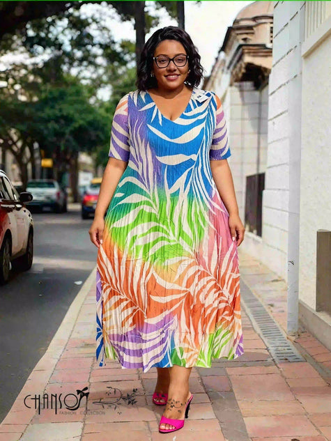 Pleated Leaf Print Midi Dress  Plus Size