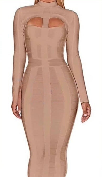 Khaki bodycon midi dress with long sleeves and square neckline cut-outs