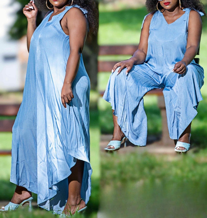 Light blue sleeveless jumpsuit with asymmetrical hem, wide legs, and V-neck.