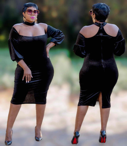 Black off-shoulder bodycon dress with puff sleeves and front slit