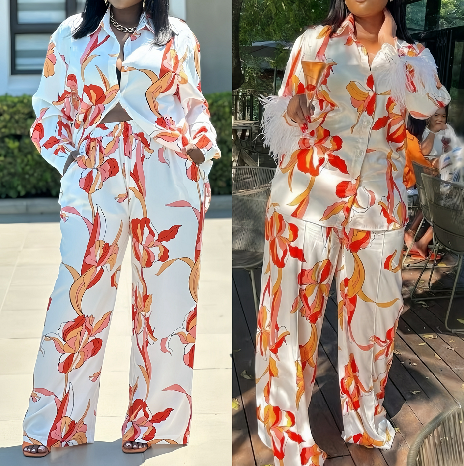 Floral button-front top and wide-leg pants set, light blue with red and orange blooms