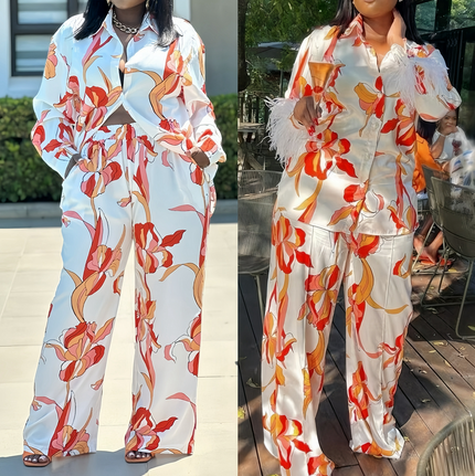 Floral button-front top and wide-leg pants set, light blue with red and orange blooms
