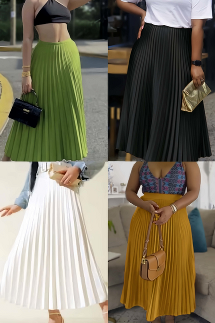 Pleated midi skirt with stretch waistband in green, black, white, and yellow