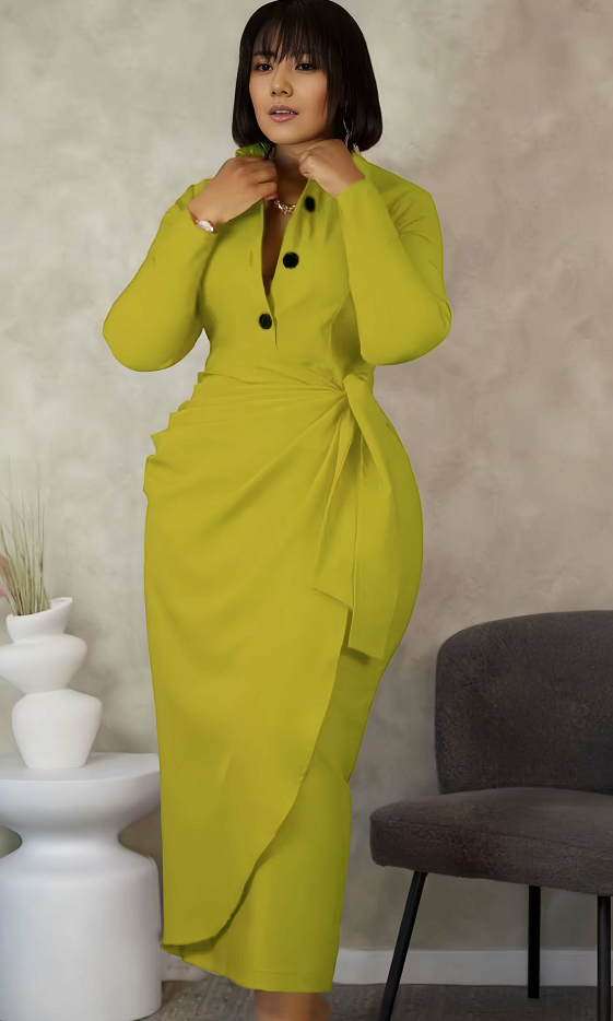 Slim fit shirt dress, lime green, button-front shirt collar and long sleeves with side drape