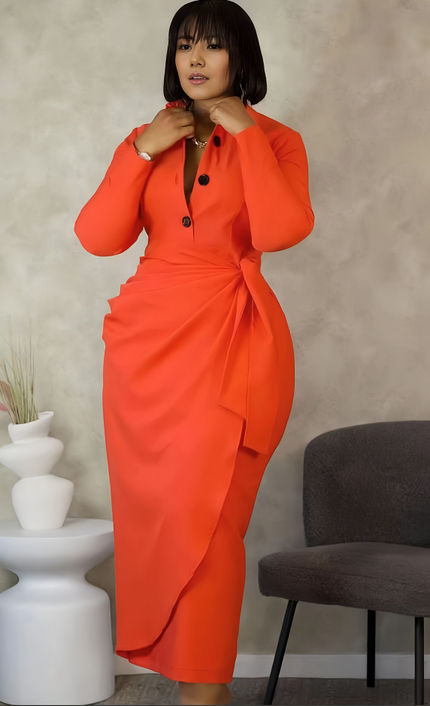 Slim fit shirt dress, orange-red, button-front with long sleeves and wrapped side drape