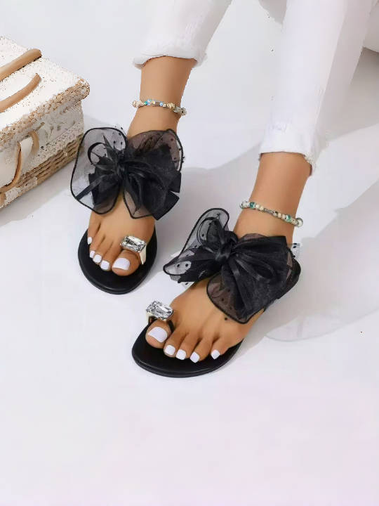 Black sandals with sheer tulle bow, crystal square buckle, beaded ankle strap