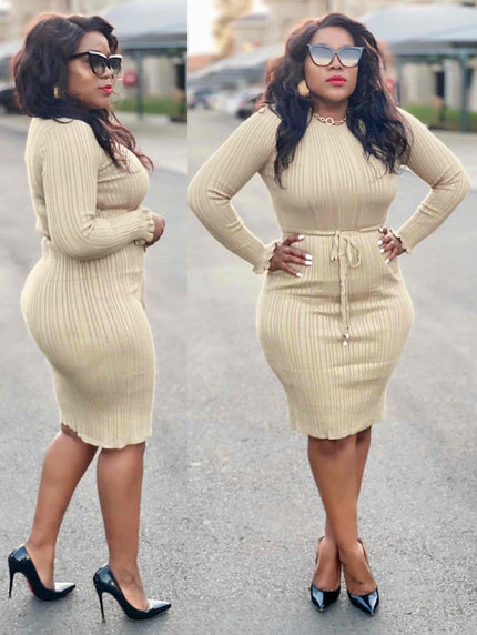 Cream ribbed knit midi dress with drawstring waist, long sleeves