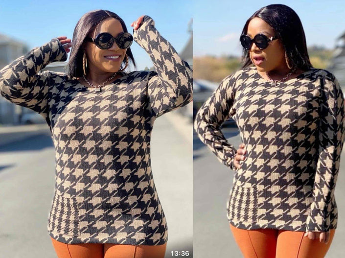 Houndstooth knit sweater top, long sleeves, round neck, black and cream pattern