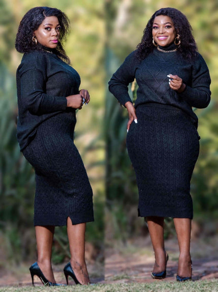 Textured knit midi skirt, dark black, fitted pencil cut