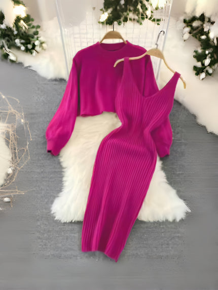 Knit midi dress with puff sleeves, hot-pink ribbed knit top and fitted skirt