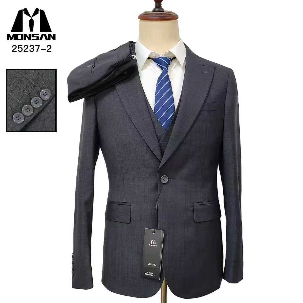Men's slim fit suit jacket with peak lapels, dark gray, two-button front
