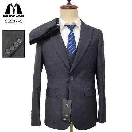 Men's slim fit suit jacket with peak lapels, dark gray, two-button front