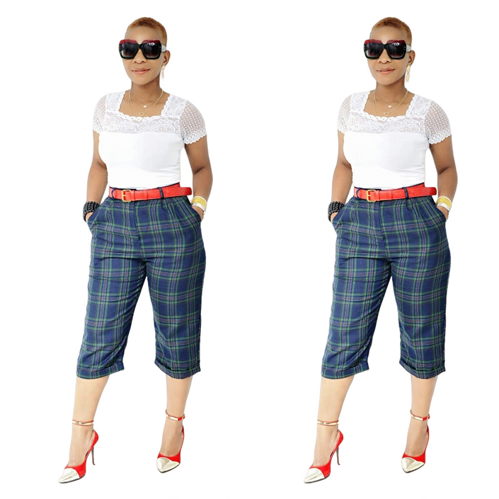 Plaid ankle pants in navy and green plaid with cuffed cropped legs