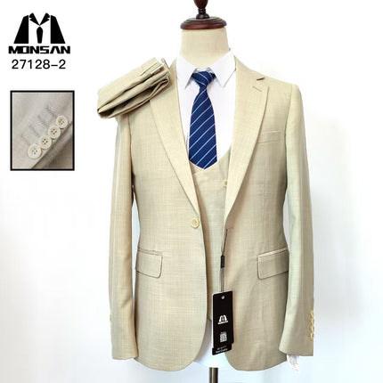 Light beige slim-fit 3-piece suit jacket and vest set, two-button blazer