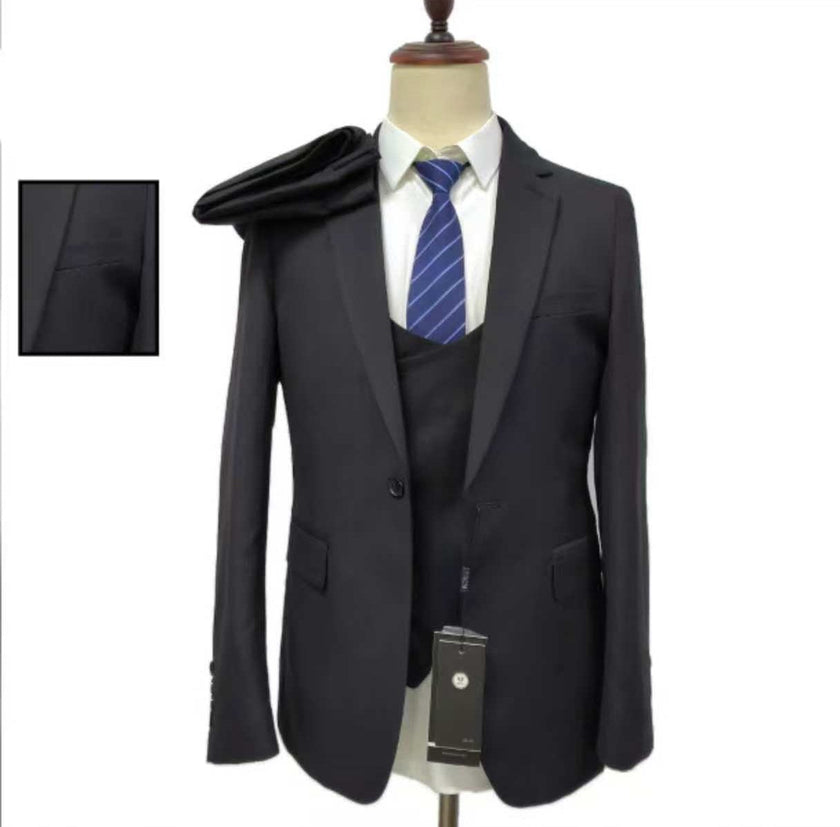 Black Notched Lapel 3-Piece Single-Breasted Suit for Men