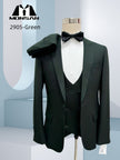 Slim fit three-piece suit with peak lapel, dark green jacket and waistcoat, bow tie