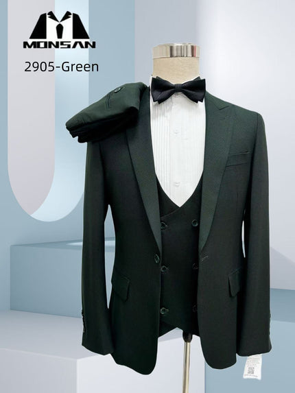 Dark green slim fit 3-piece suit with peak lapels, waistcoat and black bow tie