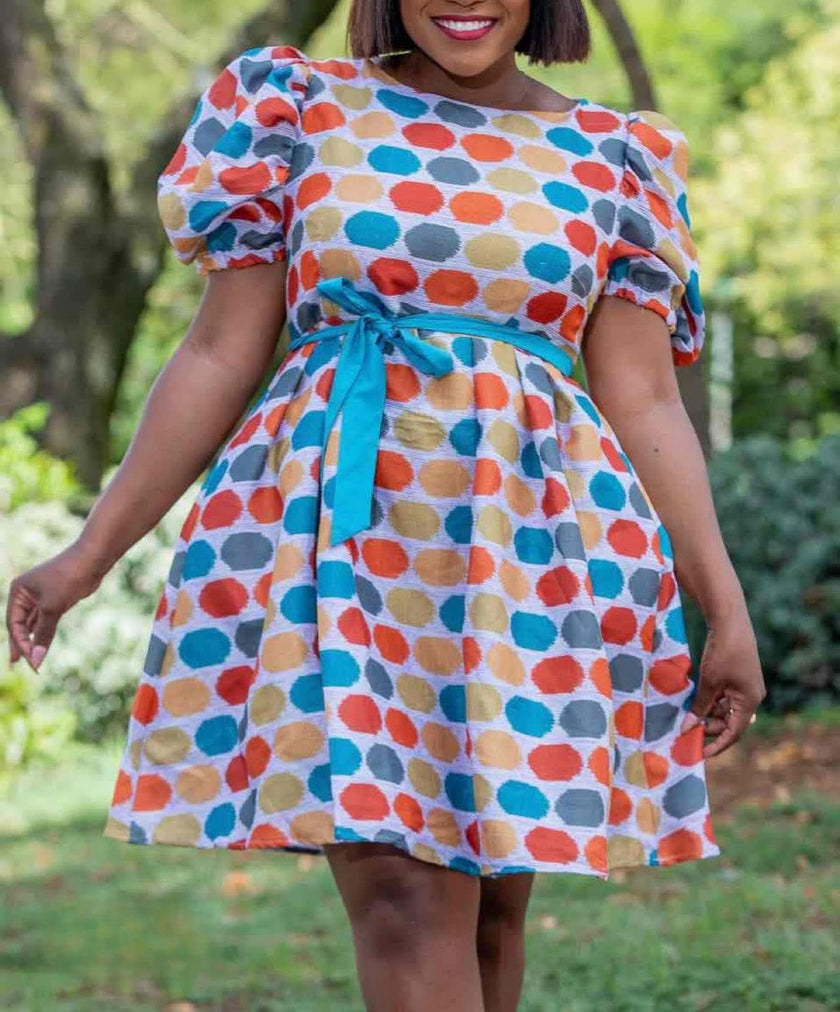Short-Sleeve Flared Skirt Dress with Large Polka Dot Design
