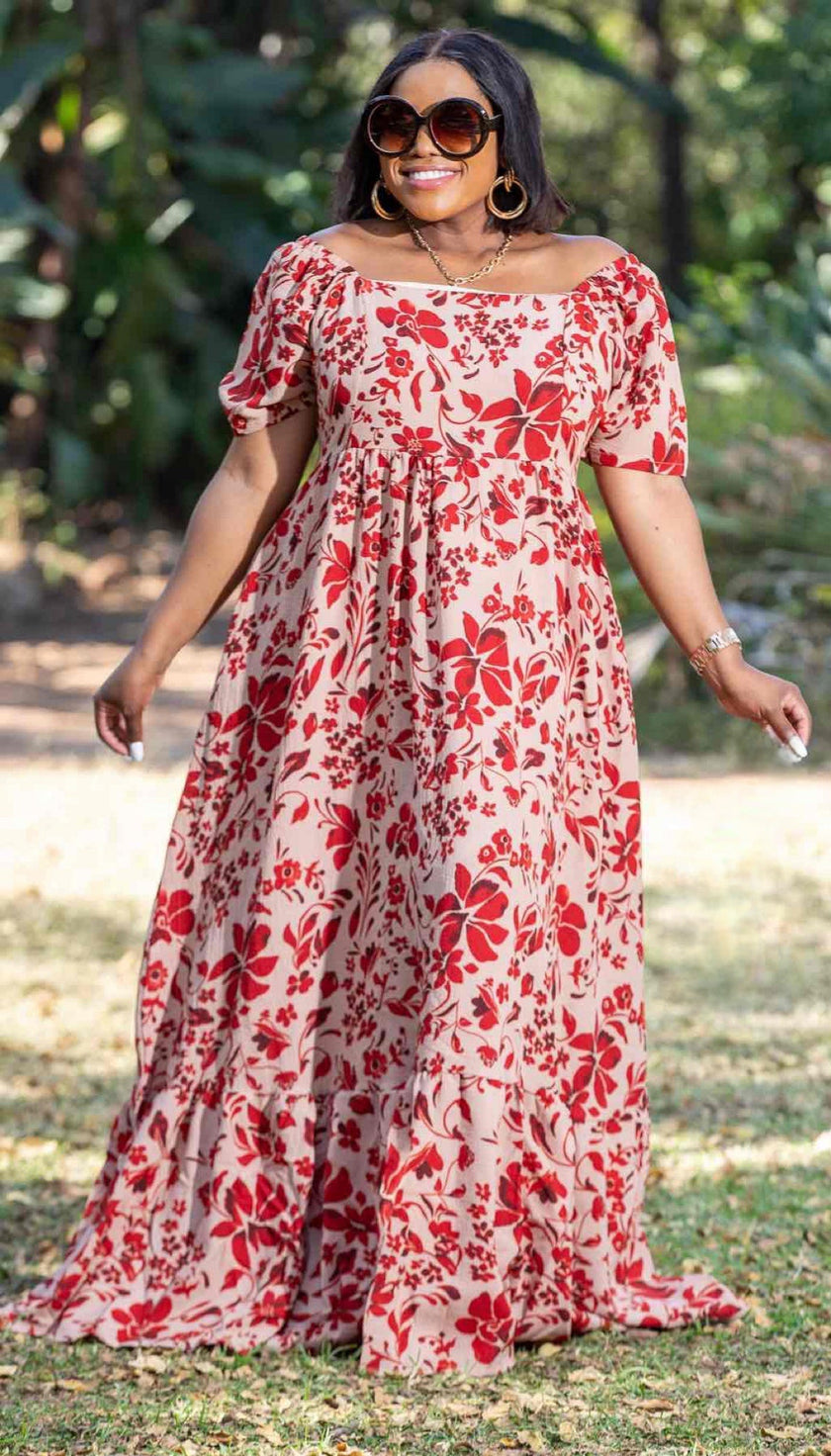 Floral Print Maxi Dress with Gathered Bodice and Short Sleeves
